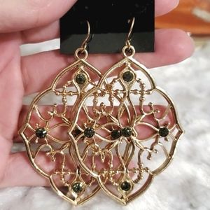 Goldtone scrolled graphic design black  rhinestone detail pierced earrings